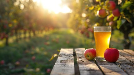 Canvas Print - A glass of apple juice sits on the rustic wooden table to the right