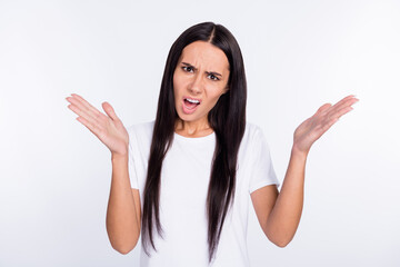 Canvas Print - Photo of young woman angry mad crazy unhappy yell blame offended problem isolated over white color background