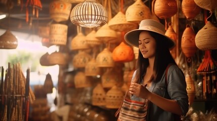 Young adult traveler asian woman with hat shopping souvenir shop