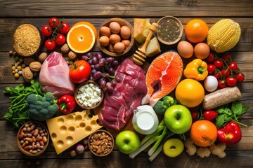 Wall Mural - High angle view of various kinds of food types isolated on a rustic wooden background.