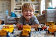 The image showcases a happy kid immersed in playtime with several bright toy cars around him in a home setting