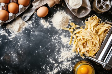 Top view of a homemade pasta machine and the ingredients for making pasta like eggs and flour. 