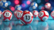 Close-up of lottery balls on blue background , with focus on ball with 13 lucky number
