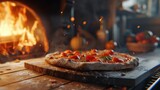 Fototapeta  - Close up of freshly baked Italian pizza in a wooden oven on blurred background
