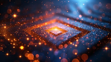 Fototapete - futuristic technology digital concept square pattern with lighting glow particles.