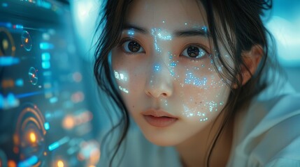 Aufkleber - Concept: Staying up to date with technology in a fast-moving world. An Asian woman is using holographic technology to see her phone's data and functions.