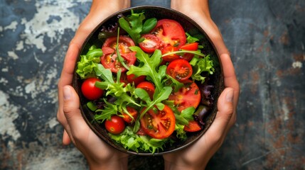 Wall Mural - A person holding a bowl of salad with tomatoes and lettuce