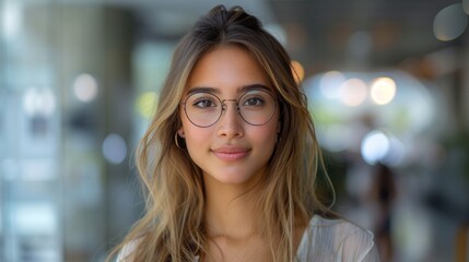 Aufkleber - Smiling Businesswoman, Information Technology Manager, Robotics Engineering Specialist in a Smart Corporate Shirt and Glasses, looking at the camera.