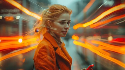 Aufkleber - Female businesswoman with smartphone at office with motion blur and communications. Wi-Fi, video chat, email and social media, speed with movements and mobile apps.