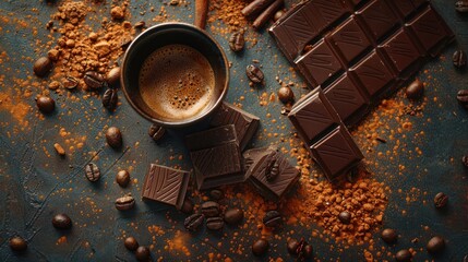 Canvas Print - coffee and chocolate , light photo, dish, top-down view, extremely detailed