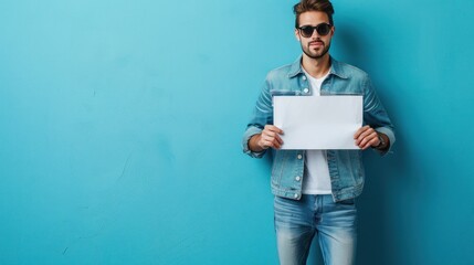 Wall Mural - A young handsome man in a denim shirt and jeans stands on the left on a blue and minimalistic background