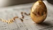 A glittering gold nest egg resting on a stock market report
