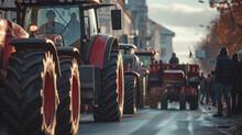 Farmers strike in city. People on strike protesting protests against tax increases, abolition of benefits by standing next to tractors on big city street 