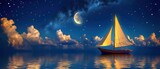 a sailboat floating in the middle of a body of water under a night sky with stars and the moon.