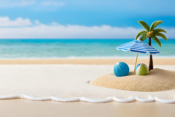 Wall Mural - Miniature beach model, white sand, miniature azure waves, diminutive palm trees, a petite striped beach umbrella planted in the sand, a tiny vibrant beach ball. Generative AI