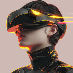 Wall Mural - A woman wearing a virtual reality headset and glasses experiences a futuristic technology world. isolated on a plain background and explores artificial intelligence and innovation concepts in science