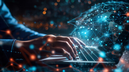 Global network and data exchange. Internet network technology, global business, digital technology background. Man using computer with data link
