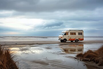 Wall Mural - A serene image capturing a camper van by the seaside at dusk, reflecting a sense of adventure and calmness