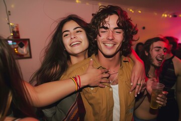 This image captures a close-up view of a happy couple having a good time at a festive party atmosphere