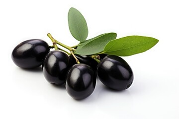 Ripe black olives with olive leaves on a white background. Organic food.