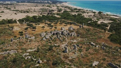 Wall Mural - aerial view of Ancient Side city, central hall ruins. Side, Antalya, Turkey.