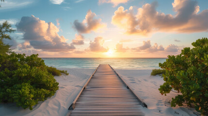 Long boardwalk leading to the white sand beach and ocean water at sunset with few shrubs on sides
