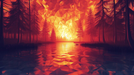 Forest fire low poly illustration.