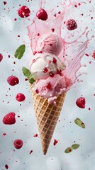 Poster - Frozen delight in a waffle cone, raspberry ice cream splash, a burst of berry flavor. dynamic food photography capturing movement. sweet treat concept. AI