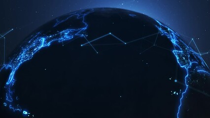 Global communication lines, data exchange, digital world connection. Planet at night with nodal links. Beautiful rotating Earth with a digitized network. Links between cities. Information exchange 4k.
