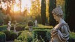 A Renaissance garden at dawn, featuring marble statues and manicured foliage, ideal for historical, romantic, or luxury design themes.