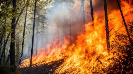 Wall Mural - Document the unyielding power of a blazing fire, as it engulfs trees, consumes vegetation, and alters the landscape forever.