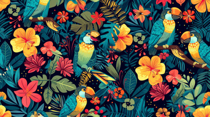 Seamless pattern background influenced by the organic forms and vibrant colors of tropical rainforests with colourful birds and flowers
