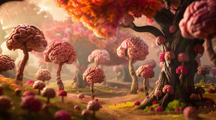 A vibrant background depicting a field of brain shaped cookies growing from a magical tree