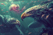 Eagles swim with jellyfish in a surreal underwater tableau.