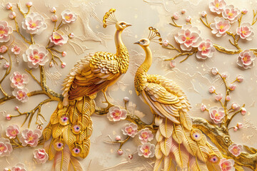 Wall Mural - 3d design with two peacocks and pink blossoms, ornate decorative wallpaper