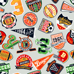 Wall Mural - College athletic department sporting badges patchwork vintage vector seamless pattern for children kid wear fabric t shirt sweatshirt pajamas