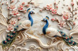 3d design with two peacocks and pink blossoms, ornate decorative wallpaper