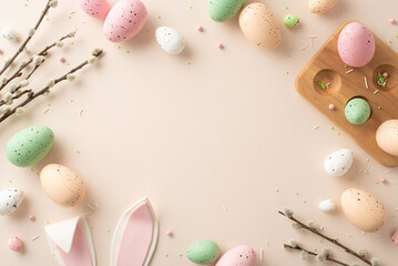 Wall Mural - Radiate Easter joy with this delightful composition. Top view of wooden holder for eggs, playful bunny ears, pussy-willow twigs and sprinkles on soft backdrop, creating perfect space for text or ad