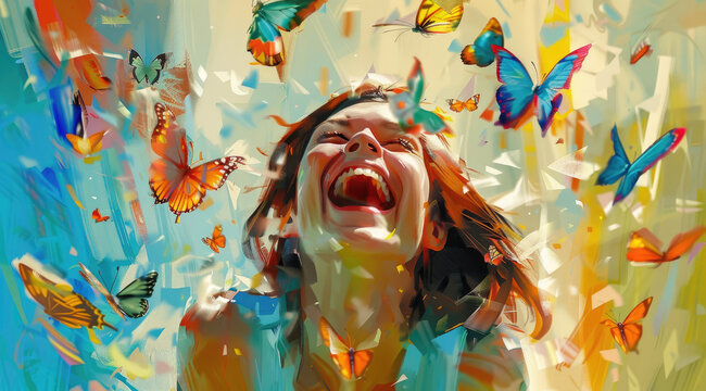 a painting of a woman laughing with butterflies flying around her