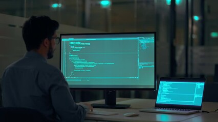 Busy smart business man software developer engineer working on desktop computer in dark night office. Male administrator programmer specialist coding on pc developing applications and programs.