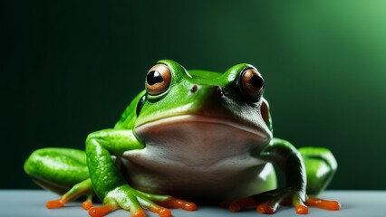 A green frog on a bright green background.
