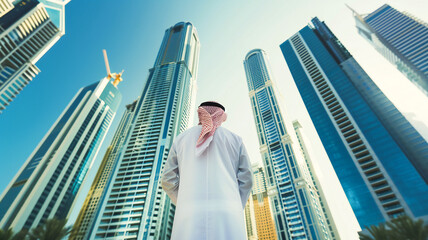 Wall Mural - An Arab man stands with his back to a modern tall building. Construction and real estate investments