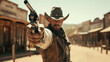 Western movie shot, front view of a cowboy ready to do a duel in middle of a wild west town pointing gun to camera
