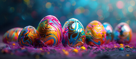 Wall Mural - Painted Easter eggs on colorful background with colors splash effect. Abstract easter eggs background header wallpaper for web.	