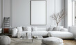 The living room interior is adorned with various elements such as a mock up poster frame, a white sofa, a modern pouf, a glass coffee table, a vase with a branch, a stylish rack, and silver personal