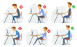 © designer_things - Correct body alignment in sitting working with computer. Wrong posture cause office syndrome and back pain.  illustration set