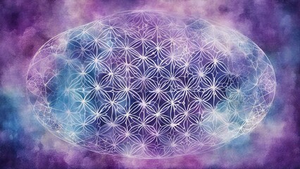 Wall Mural - background with globe _A blue and purple watercolor sacred geometry illustration of the flower of life on a textured background 