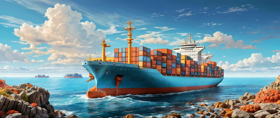 Sticker - Seascape with container ship.