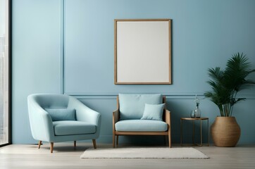 Wall Mural - mockup frame in living room with blue armchairs. vertical frame mockup