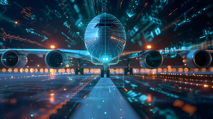 Hologram of the futuristic international logistic system. A neon-lit, high-tech plane with glowing streaks accents speed is taking off from an airport in the nighttime with vivid orange and blue.